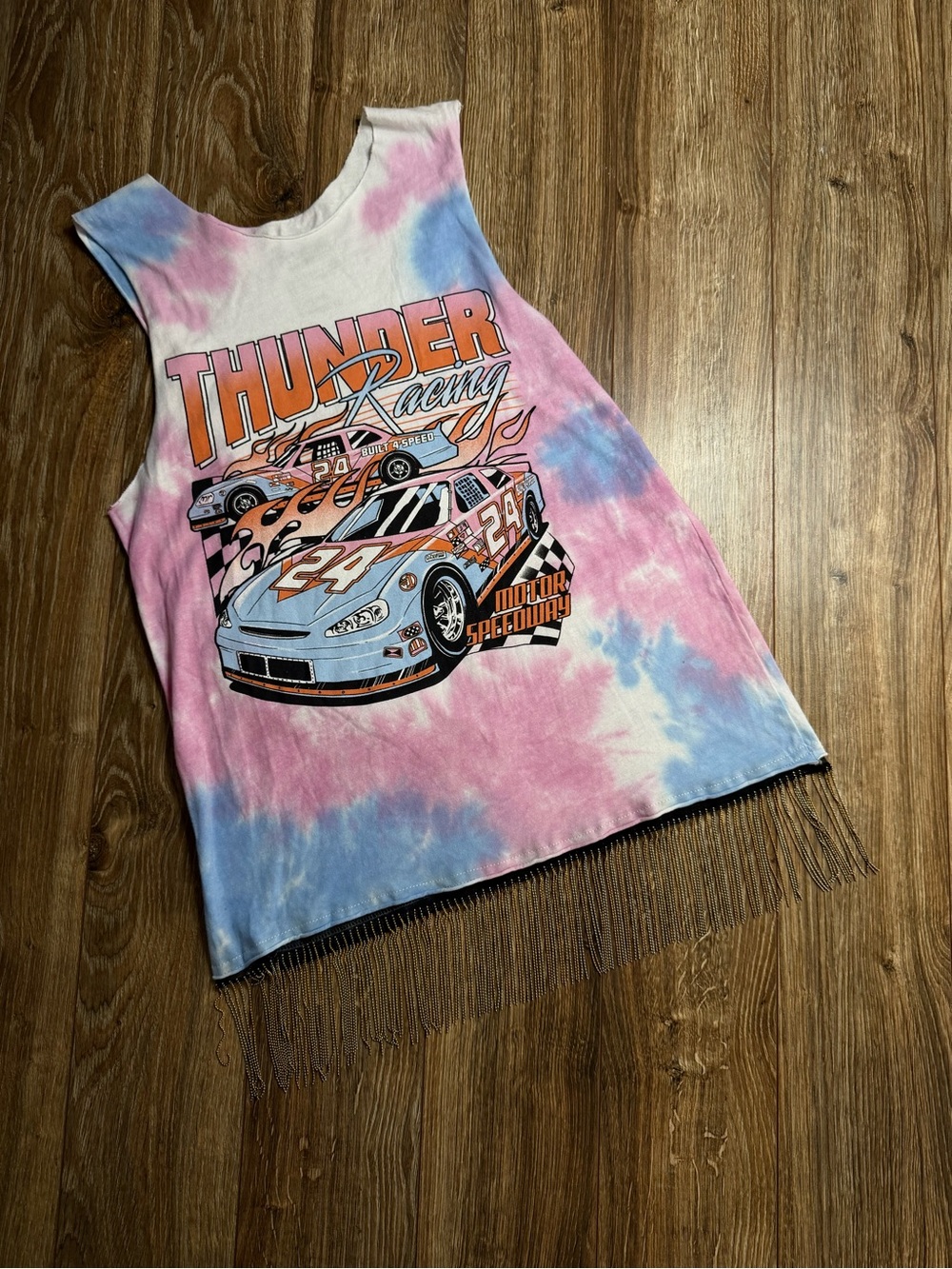 Thunder Racing Tie-Dye Fringe Tank Top - Pink & Blue